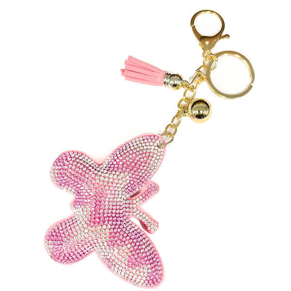 Diamond & Pink Crystals Pink Stitched Butterfly Soft Plush Gold Toned Keychain