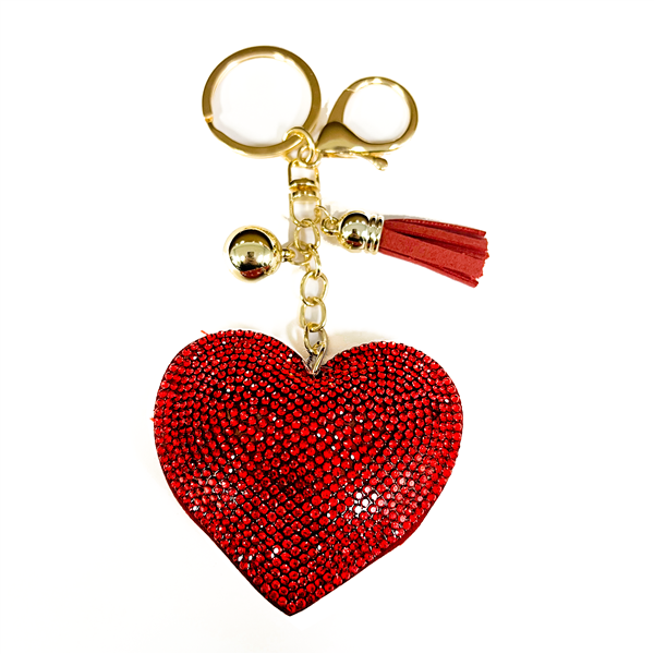 Siam Red Crystals Red Stitched Heart Soft Plush Gold Toned Key Chain