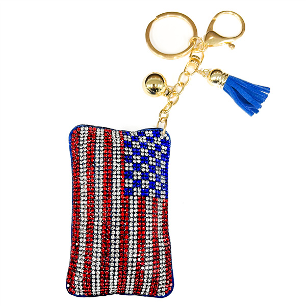 Red, Diamond & Blue Crystal Tassel Charm Blue Stitched American Flag Soft Plush Key Chain