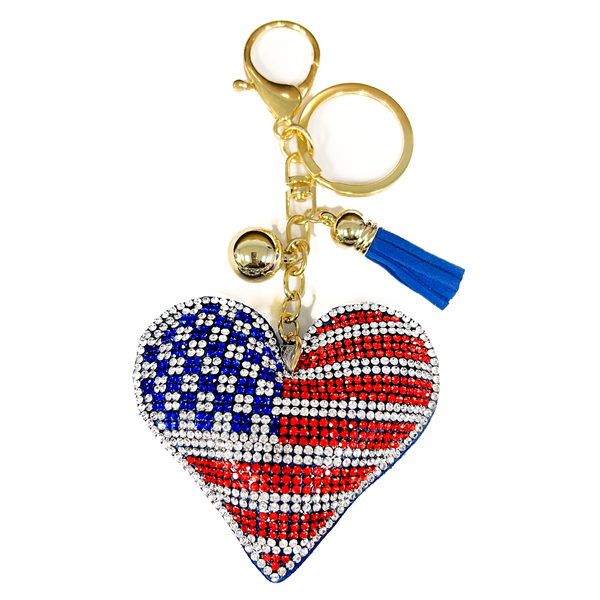 Red, Diamond & Blue Crystal Tassel Charm Blue Stitched American Heart Soft Plush Key Chain