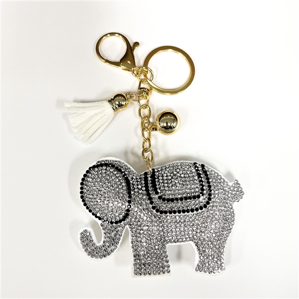 Diamond & Black Crystal Tassel Charm White Stitched Elephant Soft Plush Gold Toned Key Chain