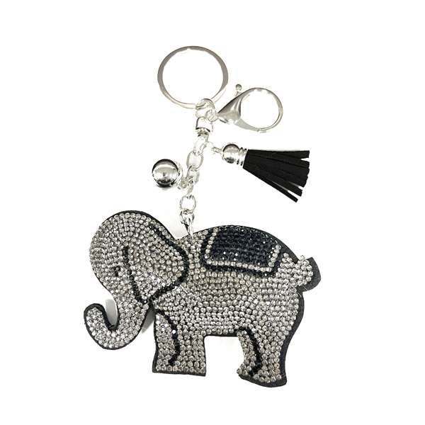 Gray & Black Crystal Tassel Charm Black Stitched Elephant Soft Plush Silver Toned Key Chain