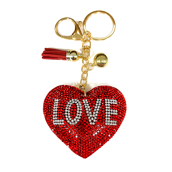 Siam Red & Diamond Crystals Red Stitched Heart Soft Plush Gold Toned Keychain