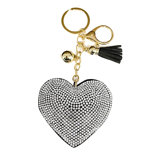 Diamond Crystals Black Stitched Heart Soft Plush Gold Toned Key Chain