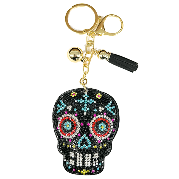 Mexican-Inspired Multi-Colored Crystals Black Stitched Calavera Skull Soft Plush Gold Toned Keychain