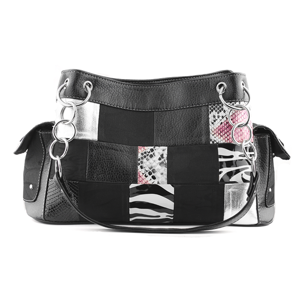 Front Collage Pattern Black CC Printed Pattern Black Border Trim Linked Black Handbag