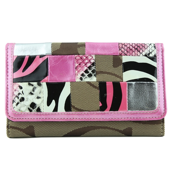 Textured Patterned Collage Front Khaki & Pink CC Printed Wallet