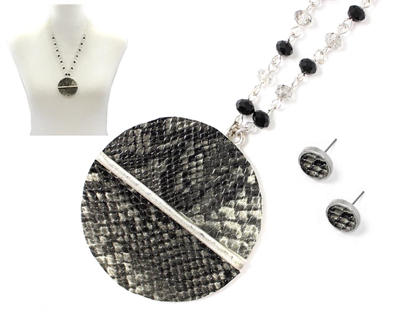 Chic Round Snake Skin Print Charm Crystal Beaded Silver Necklace Set