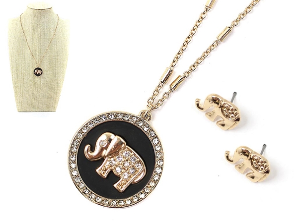 Classy & Stylish Black Round Crystal Elephant Charm Gold Necklace Set