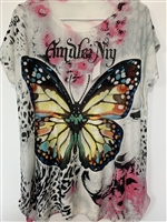 Nature Leopard Sparkling Rhinestone Colorful Butterfly Light Grey Fashion Shirt