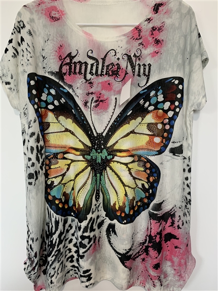 Nature Leopard Sparkling Rhinestone Colorful Butterfly Light Grey Fashion Shirt