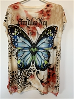 Nature Leopard Sparkling Rhinestone Colorful Butterfly Peach Fashion Shirt