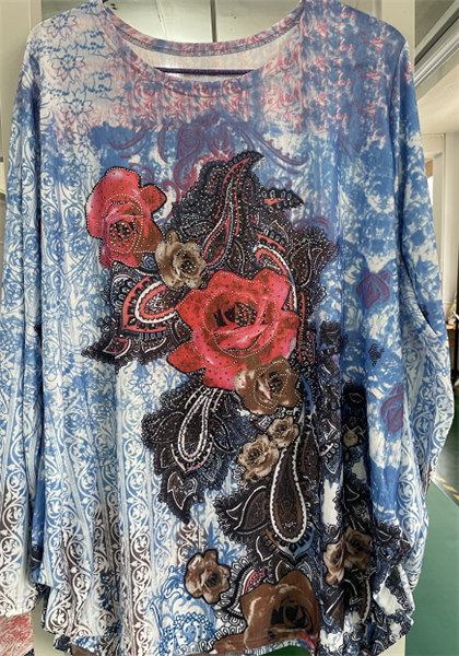 Sparkling Rhinestone Colorful Feathery Flower Blue Fashion Shirt
