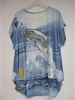 Under The Sea Rhinestone Splashing Dolphin Blue Fashion Shirt