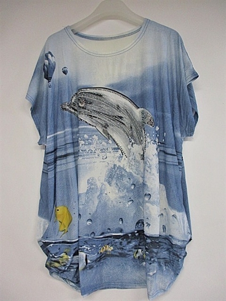 Under The Sea Rhinestone Splashing Dolphin Blue Fashion Shirt