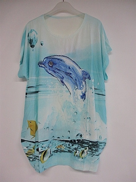 Under The Sea Rhinestone Splashing Dolphin Turquoise Fashion Shirt