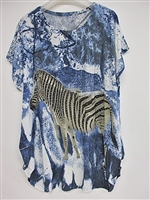 Wildlife Rhinestone Striped Zebra Blue Fashion Shirt