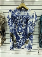 Wildlife Sparkling Rhinestone Leopard Blue Fashion Shirt