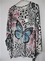 Nature Leopard Sparkling Rhinestone Colorful Butterfly Light Grey Fashion Shirt