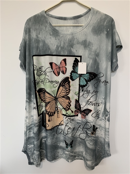 Nature Positive Words Sparkling Rhinestone Colorful Butterfly Grey Fashion Shirt