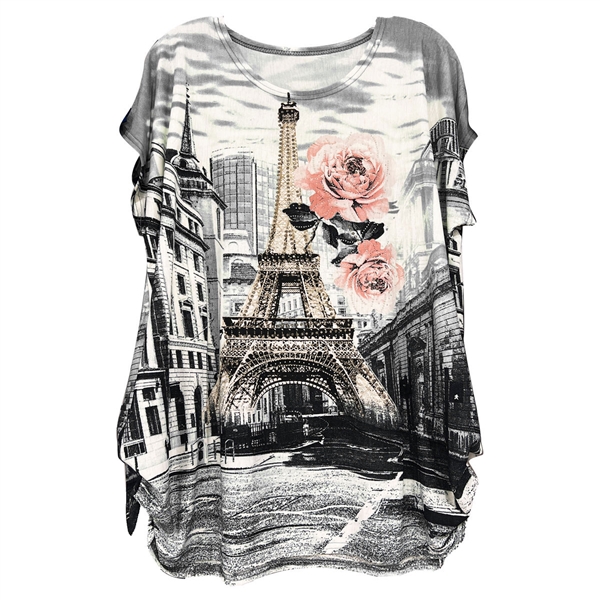 Streets of Paris Sparkling Rhinestone Eiffel Tower Roses Fashion Shirt