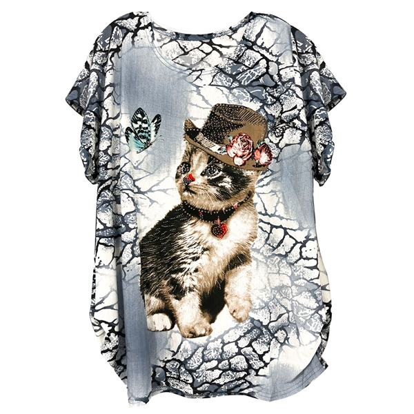Marbled Sparkling Rhinestone Kitten Butterfly Fashion Shirt