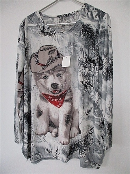 Sparkling Rhinestone Colorful Puppy Dog Light Grey Fashion Shirt