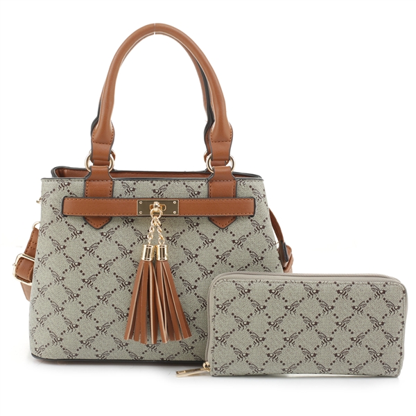 Chic Khaki Canvas Repetitive Design Brown Faux Leather Satchel Handbag Set