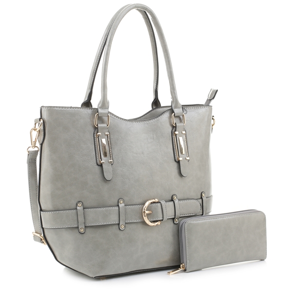 Stylish Shiny Light Grey Faux Leather Buckle Satchel Handbag Set
