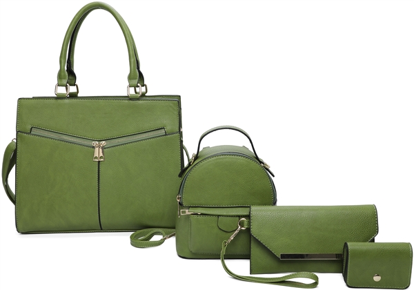 Stylish Timeless 4 Piece Faux Leather Olive Green Satchel Backpack Set