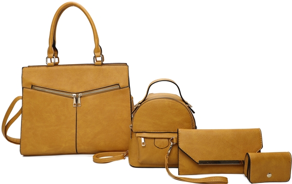 Stylish Timeless 4 Piece Faux Leather Mustard Yellow Satchel Backpack Set
