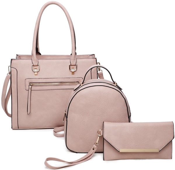 Stylish Timeless 3 Piece Faux Leather Blush Pink Satchel Backpack Set