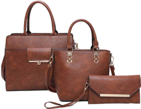 Stylish Timeless 3 Piece Faux Leather Brown Satchel Mini Tote Set