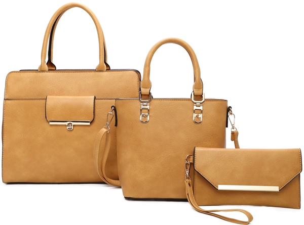 Stylish Timeless 3 Piece Faux Leather Mustard Satchel Mini Tote Set