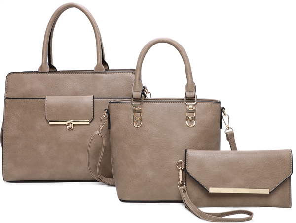 Stylish Timeless 3 Piece Faux Leather Stone Satchel Mini Tote Set