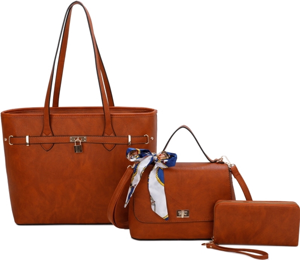 Stylish Fashion Decorative Scarf Brown Faux Leather Tote Set