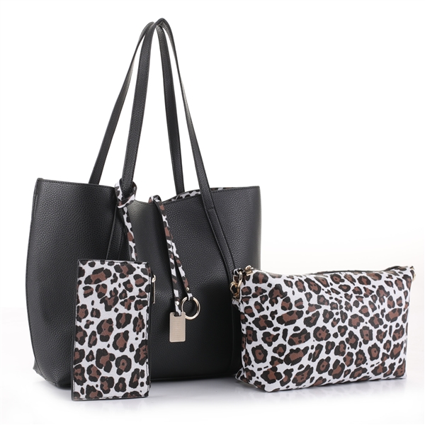 Wild Leopard Wristlets & Stylish Spacious Black Satchel Tote Shoulder Handbag Set