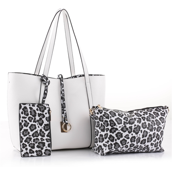 Wild Leopard Wristlets & Stylish Spacious White Satchel Tote Shoulder Handbag Set