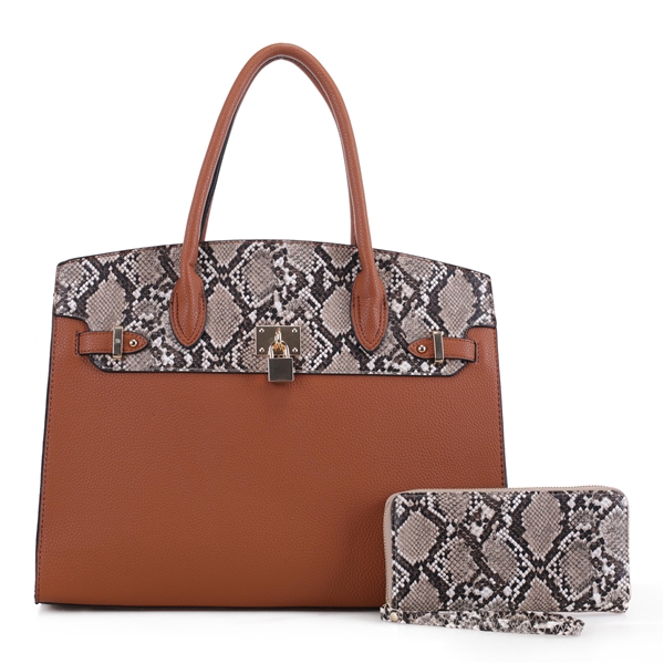 Wild Two-Tone Brown Faux Leather & Light Gray Python Snake Skin Textured Top Full Wristlet Satchel Handbag Set