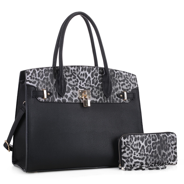 Wild Two-Tone Black Faux Leather & Light Gray Leopard Textured Top Full Wristlet Satchel Handbag Set