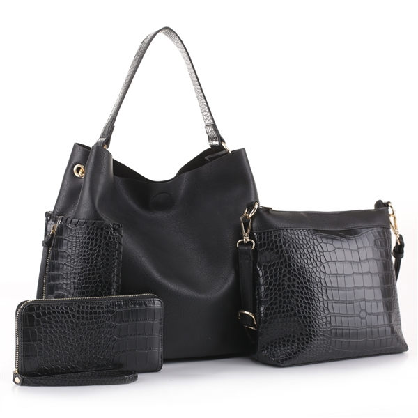 Textured Black Faux Leather & Faux Alligator Skin Patch Wristlet Satchel Handbag Set
