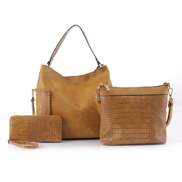 Textured Caramel Faux Leather & Faux Alligator Skin Patch Wristlet Satchel Handbag Set