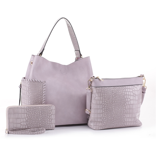 Textured Lavender Faux Leather & Faux Alligator Skin Patch Wristlet Satchel Handbag Set