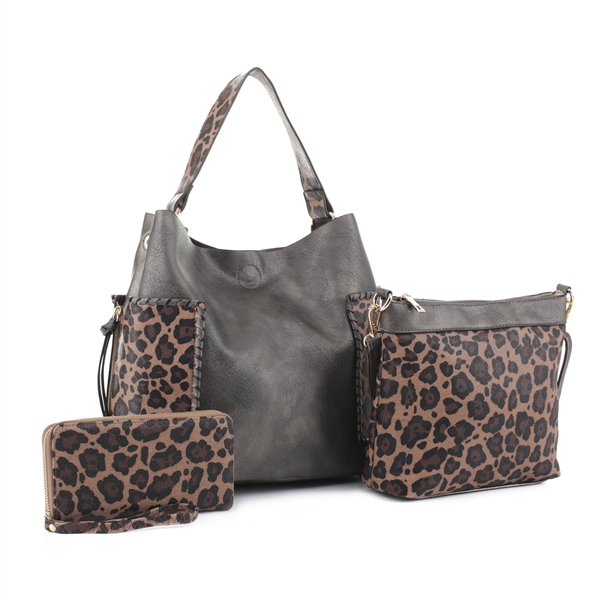 Wild Two-Tone Pewter Gray Faux Leather & Brown Spotted Leopard Print Patch Wristlet Satchel Handbag Set