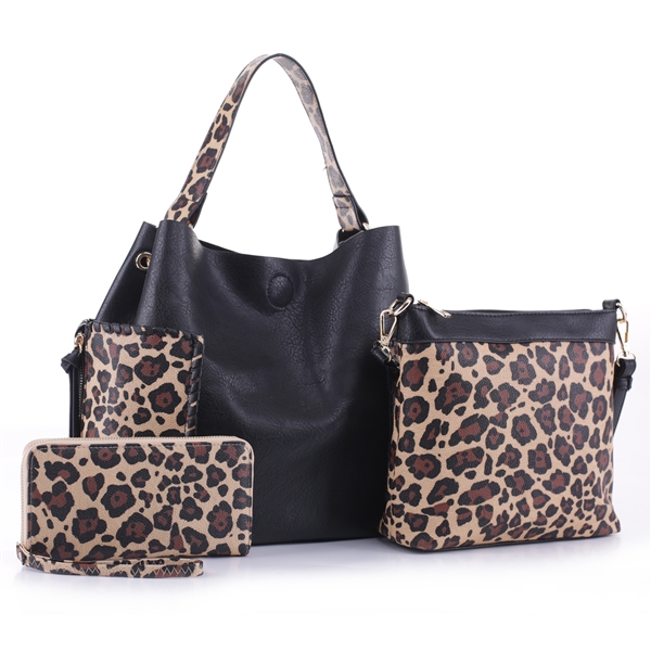 Wild Two-Tone Black Faux Leather & Light Brown Leopard Print Patch Wristlet Satchel Handbag Set