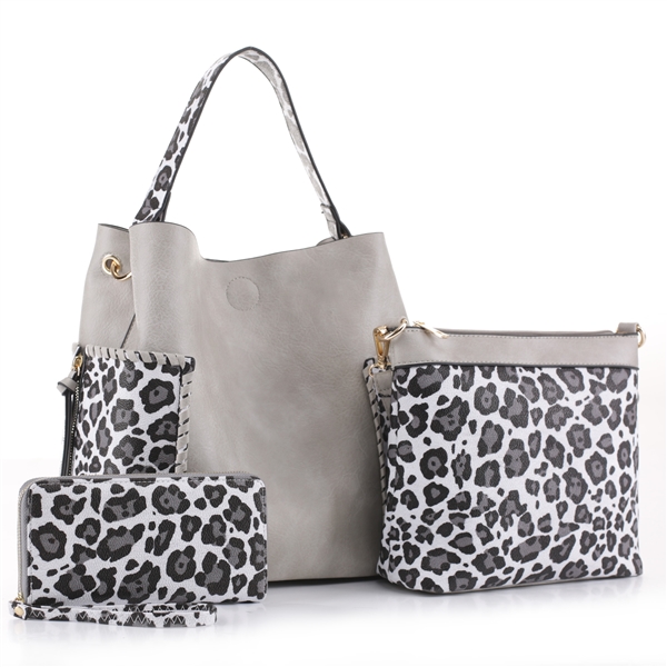 Wild Two-Tone Light Gray Faux Leather & White Leopard Print Patch Wristlet Satchel Handbag Set