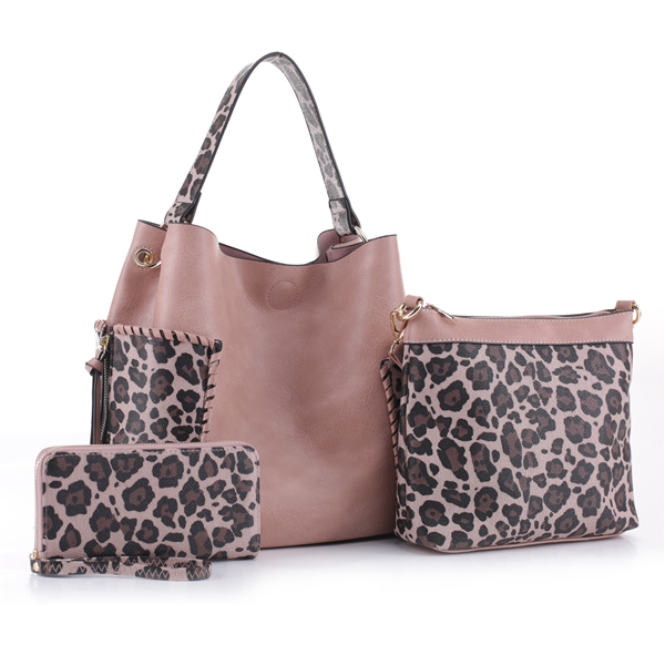 Wild Two-Tone Mauve Faux Leather & Light Brown Leopard Print Patch Wristlet Satchel Handbag Set