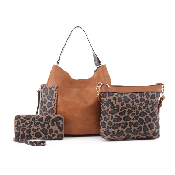 Wild Two-Tone Tan Faux Leather & Brown Spotted Leopard Print Patch Wristlet Satchel Handbag Set