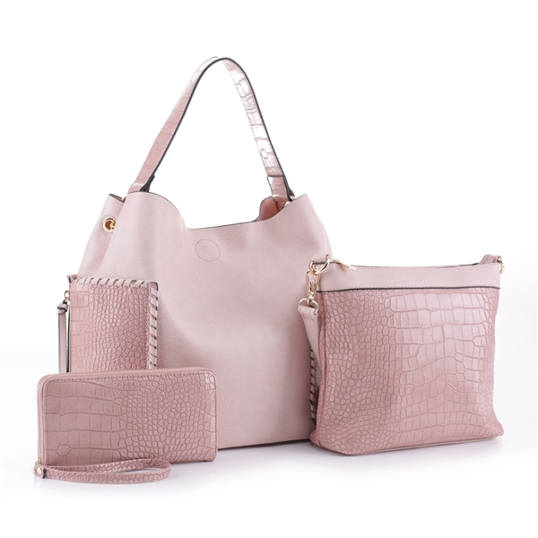Textured Pink Faux Leather & Faux Alligator Skin Patch Wristlet Satchel Handbag Set