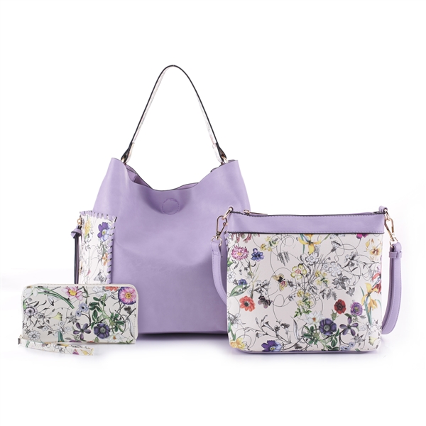 Lovely Two-Tone Lavender Faux Leather & White Floral Print Patch Wristlet Satchel Handbag Set